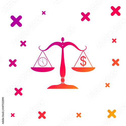 Color Scale weighing money and time icon isolated on white background. Scales with hours and a coin. Balance between work and the given time. Gradient random dynamic shapes. Vector Illustration