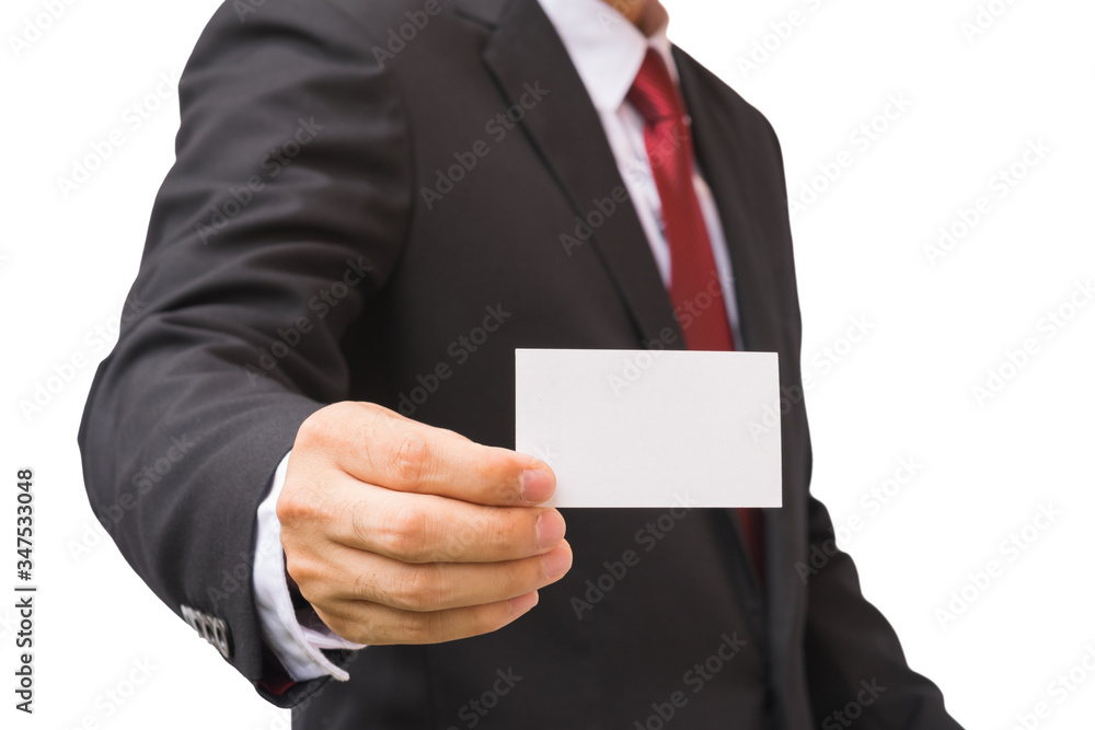 Businessman show the card, isolated on white background Businessman show the card, isolated on white background