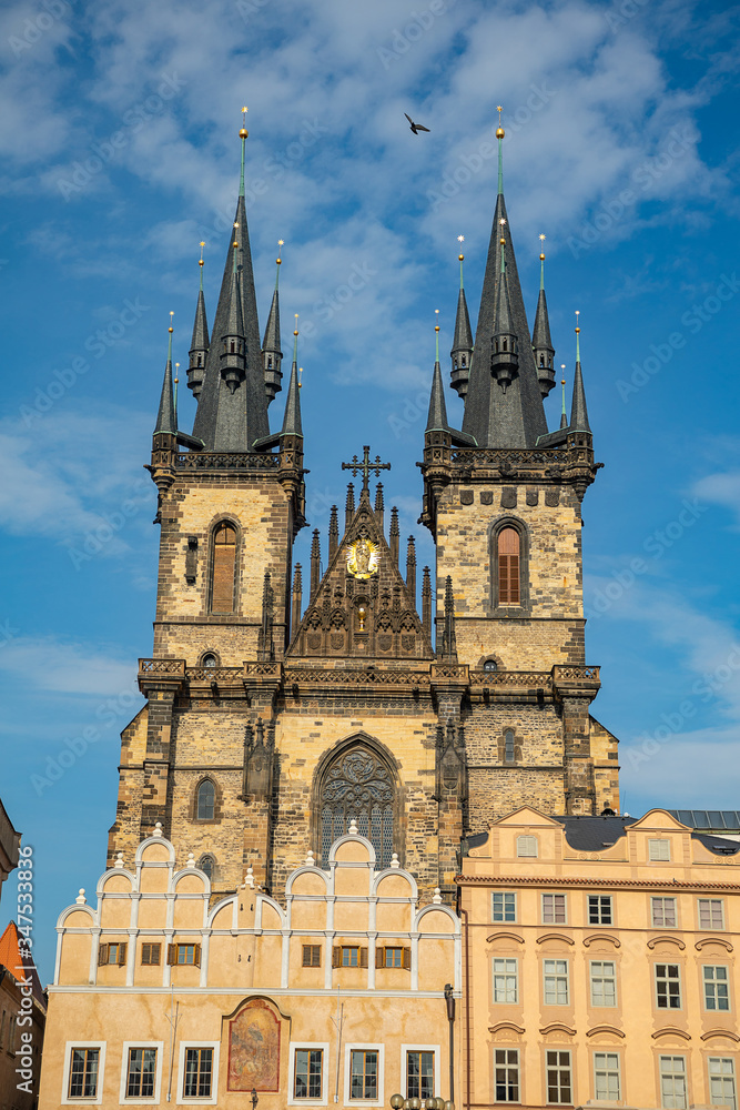 Old Town square Staromestska Namesti with Tyn Church in Prague in Czech Republic