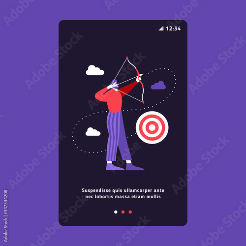 Businessman with arch and target. Success business concept. Onboarding Screens User Interface. Modern user interface UX, UI screen template