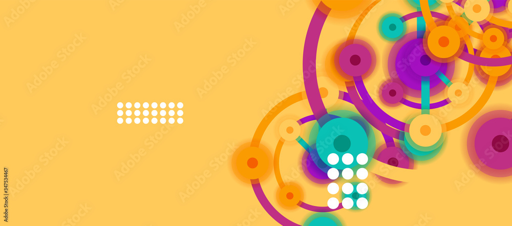 Flat style geometric abstract background, round dots or circle connections on color background. Technology network concept. Flat style geometric abstract background, round dots or circle connections on color background. Technology network concept.