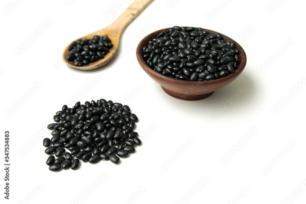 Pile of raw Brazilian Black Beans in a spoon and bowl. Also know as feijao