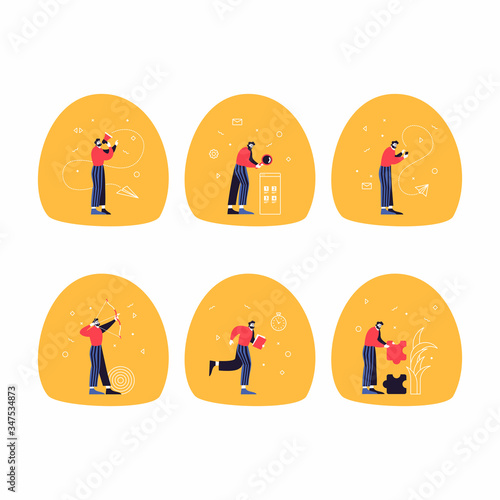 Vector set of businessman in different action poses with accessories. Funny characters illustrations