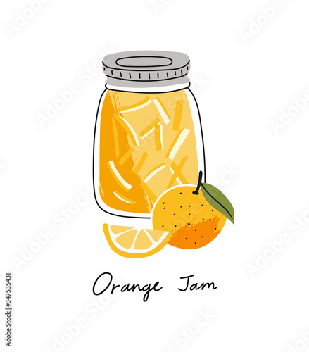 Vector illustration of orange jam in a jar with oranges in front of it in cartoon style.