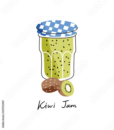 Vector illustration of fruit jam in a jar with kiwis in front of it in cartoon style.