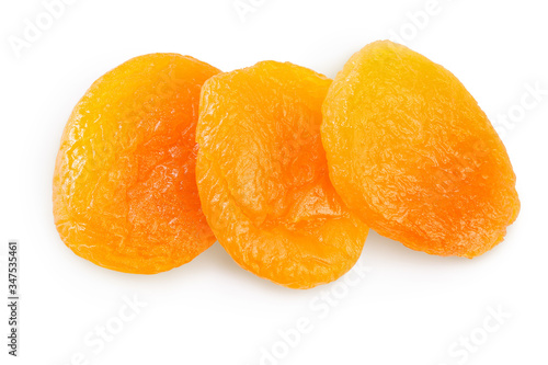 Dried apricots isolated on white background with clipping path and full depth of field. Top view. Flat lay