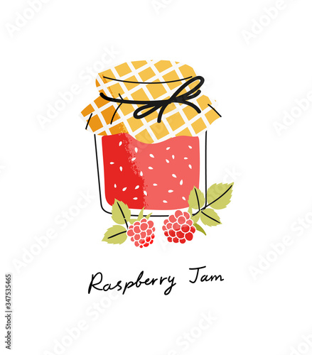 Vector illustration of raspberry jam in a jar with berries in front of it in cartoon style.
