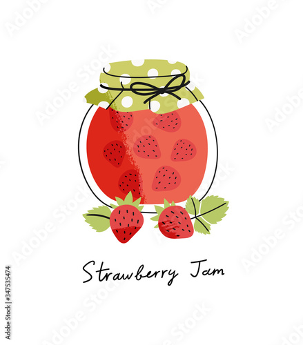 Vector illustration of strawberry jam in a jar with berries in front of it in cartoon style.