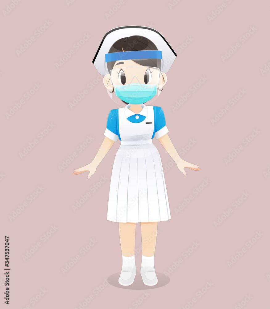 Nursing student wearing a medical mask or surgical mask and Face shield. Nursing student wearing a medical mask or surgical mask and Face shield.