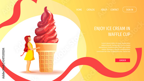 Website design for Ice cream parlor, Sweet products, Dessert, Summer. Little girl and ice cream in waffle cup. Vector illustration for poster, banner, website, commercial, menu, advertising. 