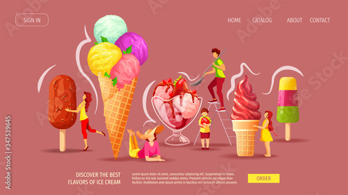 Website design for Ice cream parlor or shop, Sweet products, Dessert. Set of various ice cream with tiny people. Vector illustration for poster, banner, website, advertising, menu. 