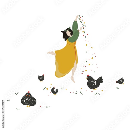 girl dancing and feeding chickens