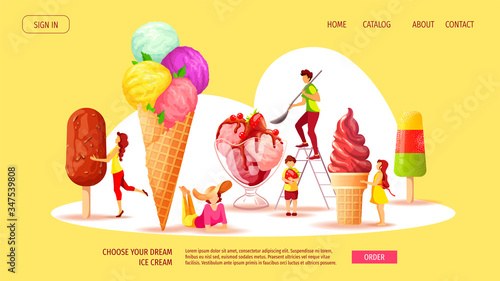 Website design for Ice cream parlor or shop, Sweet products, Dessert. Set of various ice cream with tiny people. Vector illustration for poster, banner, website, commercial, menu. 