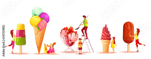 Set of various ice cream with tiny people on the white background. Ice cream parlor or shop, Sweet products, Dessert concept. Vector illustration for poster, banner, advertisement, commercial, menu. 