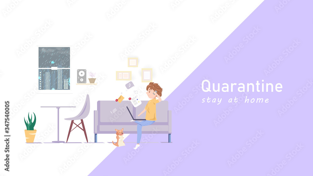 Work at home people quarantine, relax time, man cartoon character flat design, home interior idea creative, web design background vector illustration Work at home people quarantine, relax time, man cartoon character flat design, home interior idea creative, web design background vector illustration