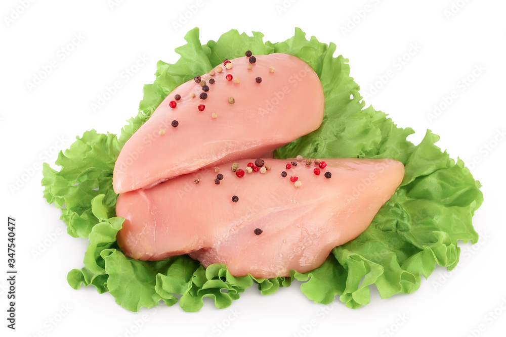 Fresh chicken fillet with lettuce isolated on white background with clipping path and full depth of field. Fresh chicken fillet with lettuce isolated on white background with clipping path and full depth of field.