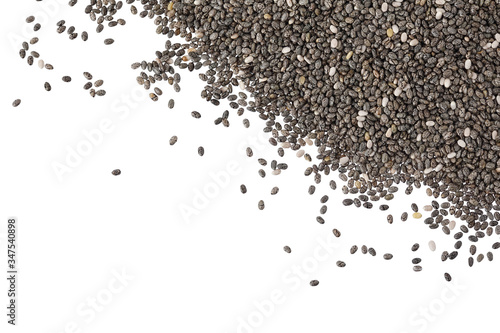 Chia seeds isolated on white background with clipping path and full depth of field. Top view with copy space for your text . Flat lay.