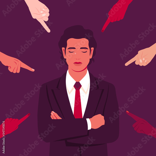 The shame. Hands of different people point to the young man. Portrait of crying businessman. Bankrupt. Different opinions and the pressure of society. Vector flat illustration