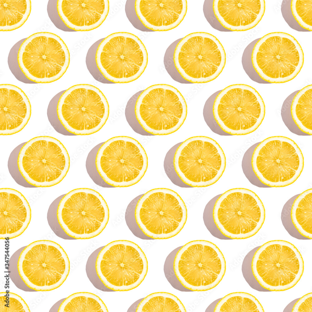 Lemon citrus fruits seamless pattern on white isolated background, tropical fresh juicy slices Lemon citrus fruits seamless pattern on white isolated background, tropical fresh juicy slices