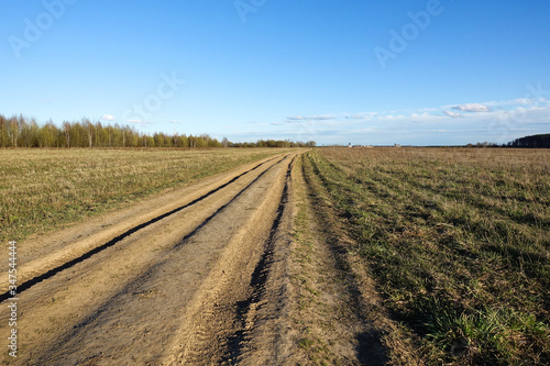 Rural dirt road through the field. Blue sky with clouds