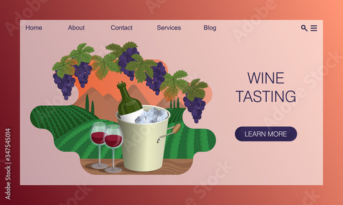 Mountain landscape with vineyards, bottle in cooler and two wine glasses. Concept of website, landing page design template