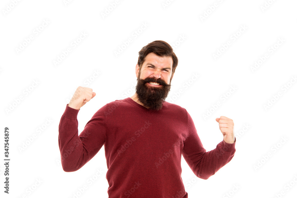 Happy proud guy. Success and satisfaction. Happiness and joy. Cheerful guy celebrate. Holiday celebration. Sincere happy expression. Bearded man feel happiness. Winner concept. Personal achievement Happy proud guy. Success and satisfaction. Happiness and joy. Cheerful guy celebrate. Holiday celebration. Sincere happy expression. Bearded man feel happiness. Winner concept. Personal achievement