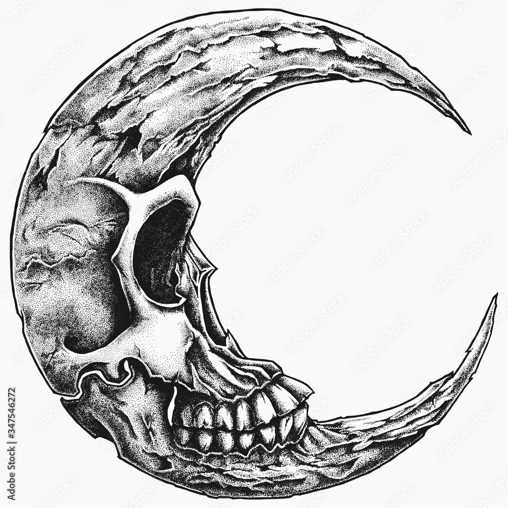 Crescent Moon Skull Vector Handdrawn Stippling Style Stock Vector crescent-moon-with-floral-skull-svg-files