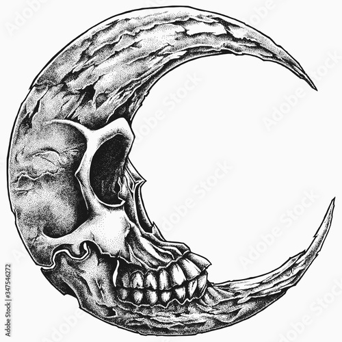 crescent moon skull vector handdrawn stippling style