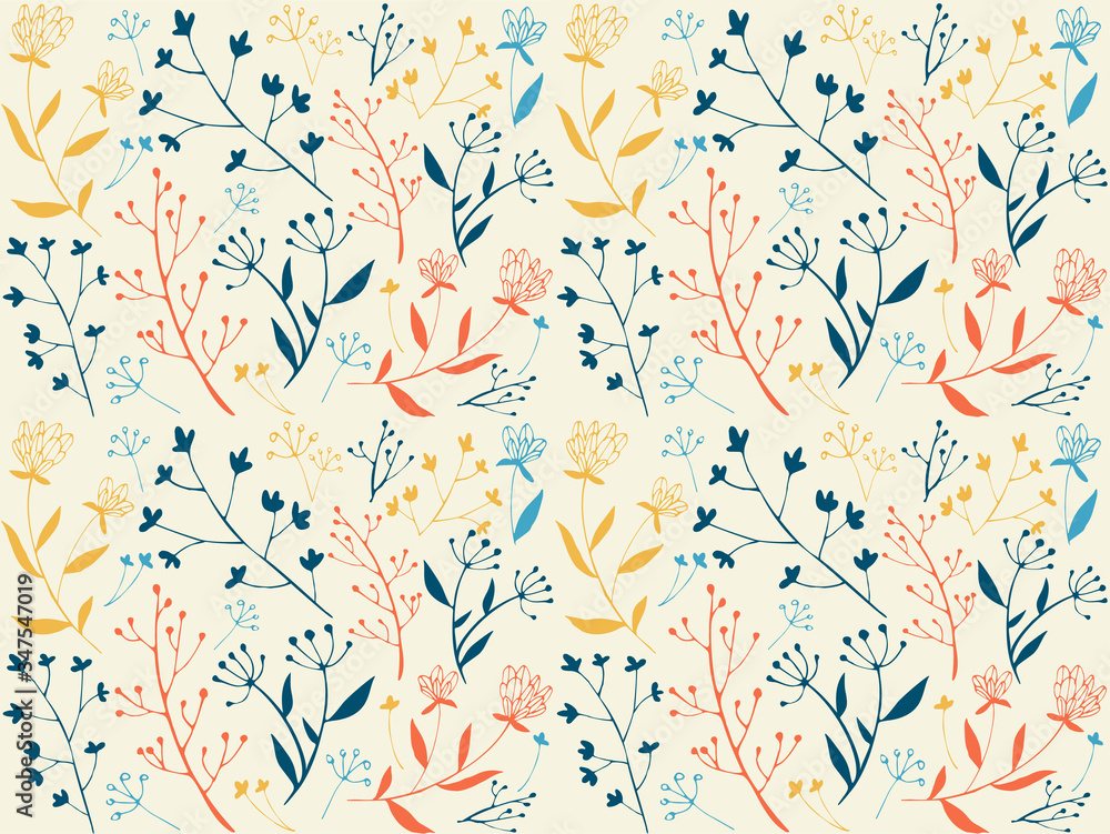 Floral seamless pattern in hand-drawn style. Flowers in beige background. Simple fabric design. Vector illustration.