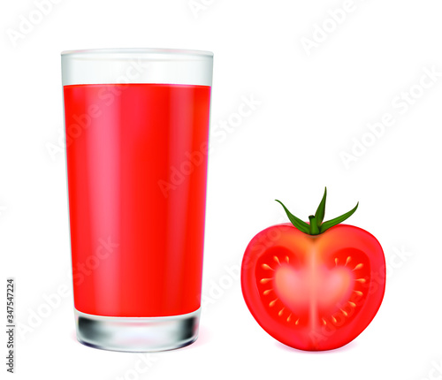 A glass of tomato juice and fresh tomato on a white background