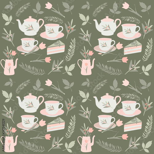 Green background seamless with kitchen accessories