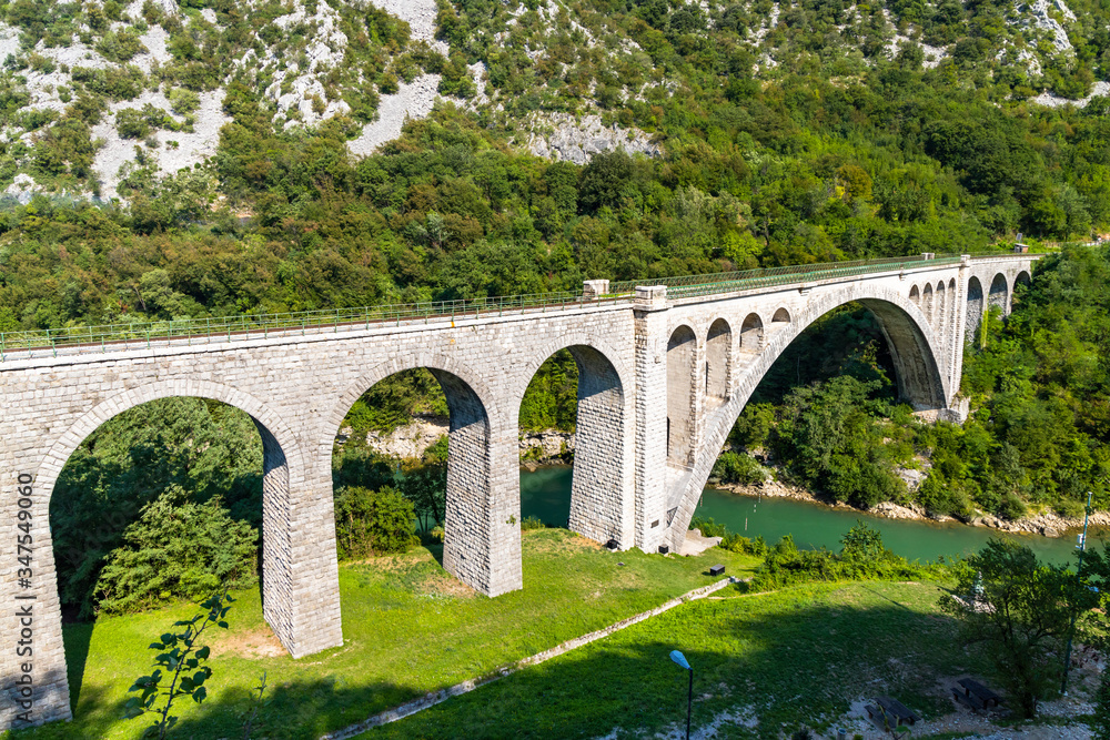 Solkan bridhe on the River Soca, Slovenia