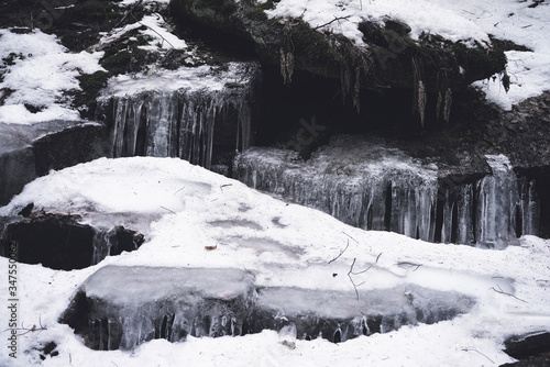 Frozen river with icicles in Czech Republic 