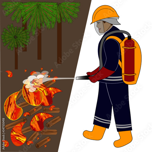 Firefighter is extinguishing  forest fire.