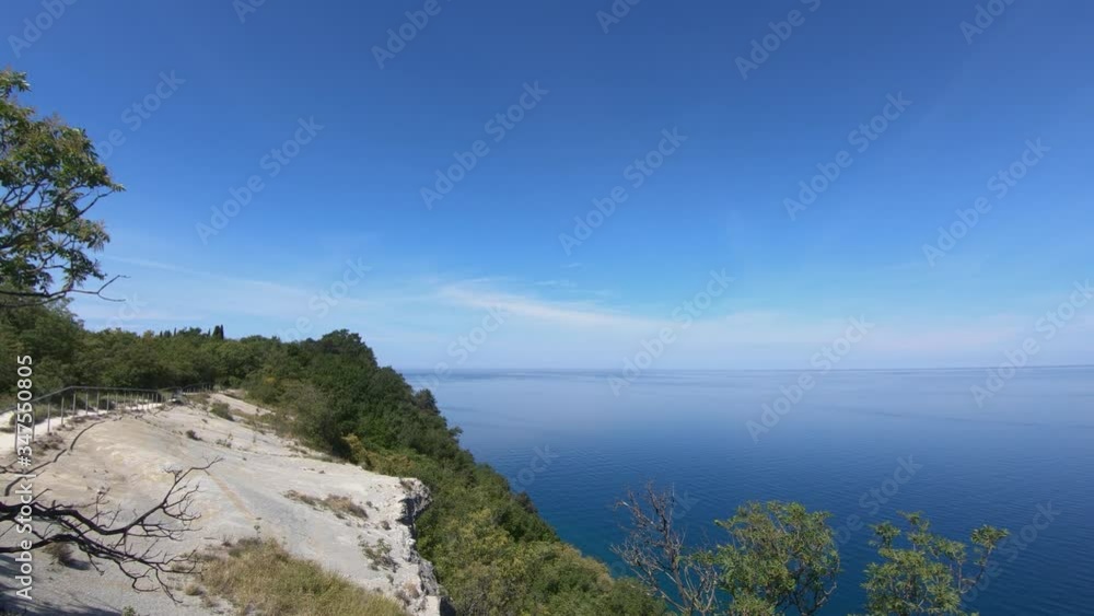 Elevated view of cliffs above Adriatic Sea on bright sunny day. Amazing and pristine nature in Slovenia. Flysch walls created by natural forces. Trees covering harsh landscape. Wide shot, tilt down Elevated view of cliffs above Adriatic Sea on bright sunny day. Amazing and pristine nature in Slovenia. Flysch walls created by natural forces. Trees covering harsh landscape. Wide shot, tilt down