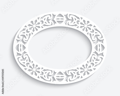 Oval frame with cutout paper pattern. Elegant template for laser cutting. White lace decoration for wedding invitation card or scrapbook design. 