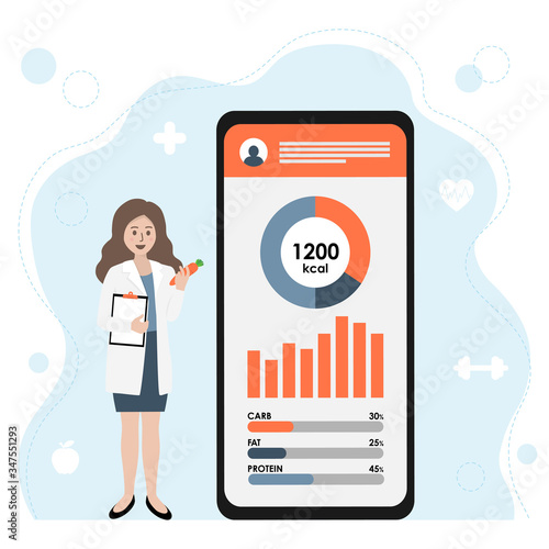 Female nutritionist or dietitian doctor holding vegetable and clipboard. Smartphone with health monitoring, nutrition chart control. Healthcare and weight loss concept. Flat vector illustration.