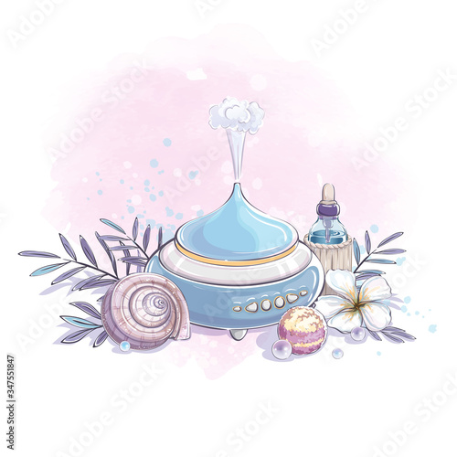 Composition of a humidifier, a bubble with essential oil, a plumeria flower and a seashell. Health and beauty. Vector watercolor texture background.