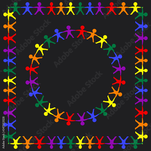 Colorful rainbow little men - round and square frame - isolated on black background - vector. Design element. Gay Pride. LGBT concept.