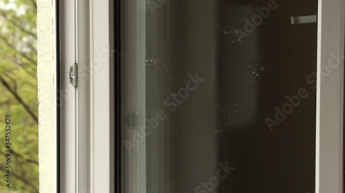 washing windows with a sanitizer at home during a pandemic