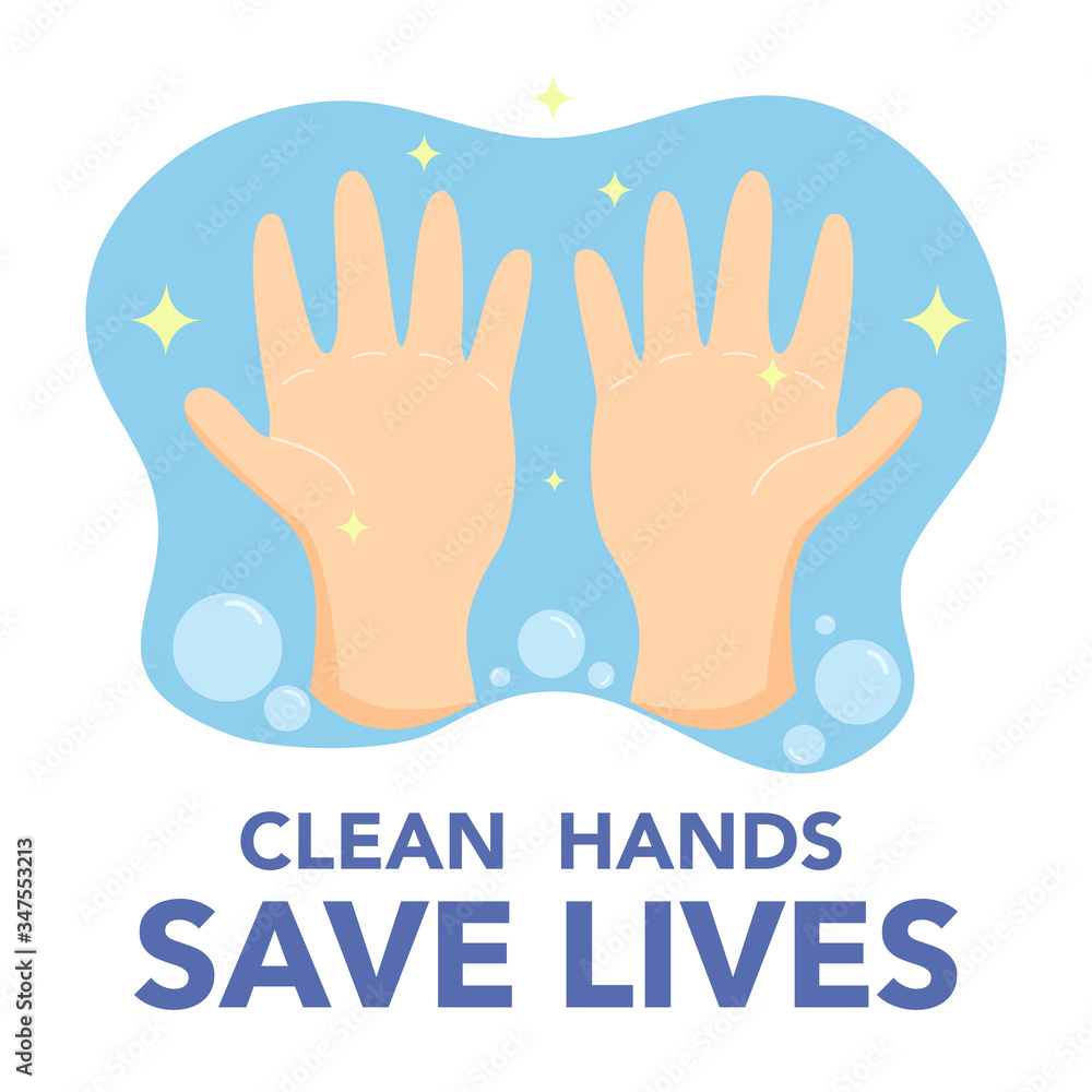 Wash your hand, prevention of Coronavirus disease or Covid-19. Clean hands save lives text isolated on white background for logo, poster or flyer information. Flat design of vector illustration Wash your hand, prevention of Coronavirus disease or Covid-19. Clean hands save lives text isolated on white background for logo, poster or flyer information. Flat design of vector illustration