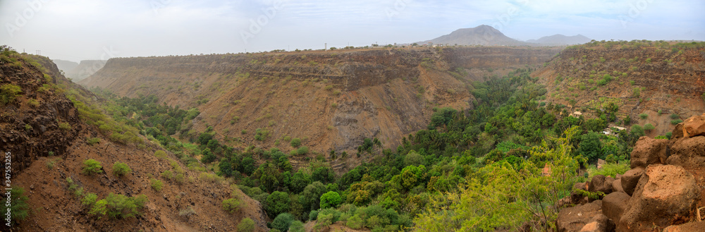 View from a plateau into the Vale Ribeira Grande near the town Cidade Velha, Island Santiago, Cape Verde