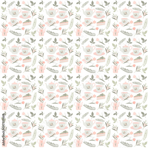 White seamless background with pink watering can with a bouquet of flowers and green petals