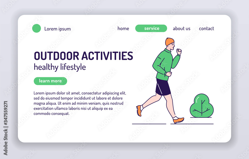 Man is running in park web banner. Outdoor workout. Isolated cartoon character on a white background. Concept for web page, presentation, smm, ad, site. Vector illustration. UX UI GUI design.