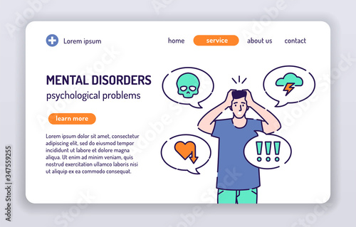 Mental disorders web banner. Adult man in depressed. Isolated cartoon character on a white background. Concept for web page, presentation, smm, ad, site. Vector illustration. UX UI GUI design.
