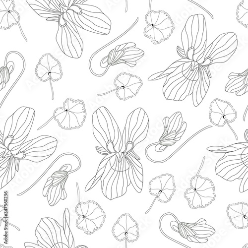 Seamless vector background. Black-and-white floral pattern, violets with leaflet. Suitable for packaging, for fabric. Notebook cover, wallpaper