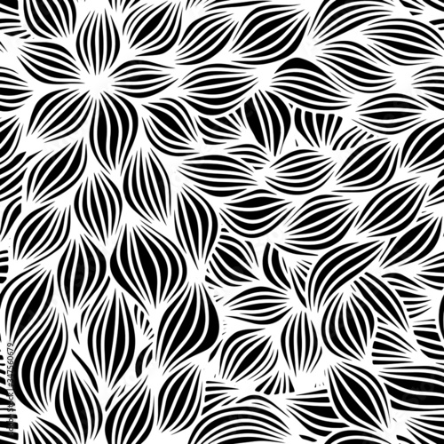 Full seamless floral pattern black white illustration. Halftone flower leaf design for fabric print. Suitable for fashion use.