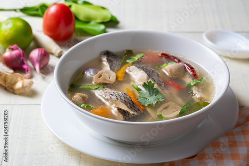 Tom Yum Tilapia fish with Straw mushroom,Thai spicy soup