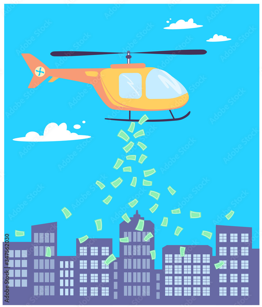 Money is scattered from the helicopter to the city. Helicopter money to support the economic system during times of crisis and the collapse of financial markets. Monetary policy of the state. vector Money is scattered from the helicopter to the city. Helicopter money to support the economic system during times of crisis and the collapse of financial markets. Monetary policy of the state. vector