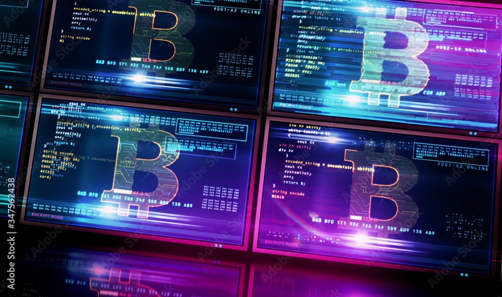Obraz premium Bitcoin mining on screen